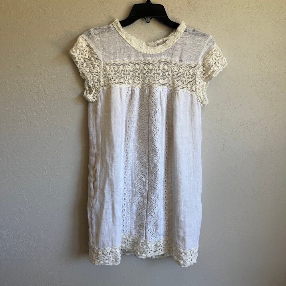 Sea New York White Linen Cotton Gauze Babydoll Dress Womens 2 Coastal Lace Trim